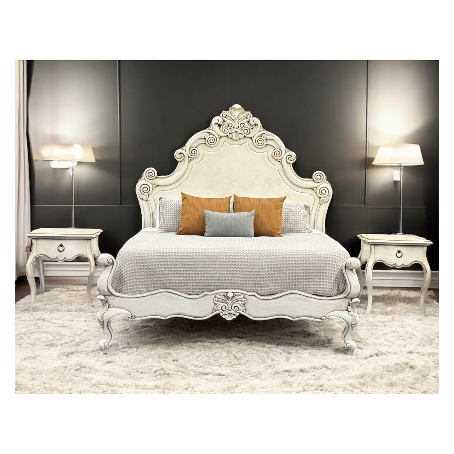 CALISTA BED 87" Tall | Luxury French European Style with Waxed Off-White Finish | Bed Only | Includes Delivery and Assembly