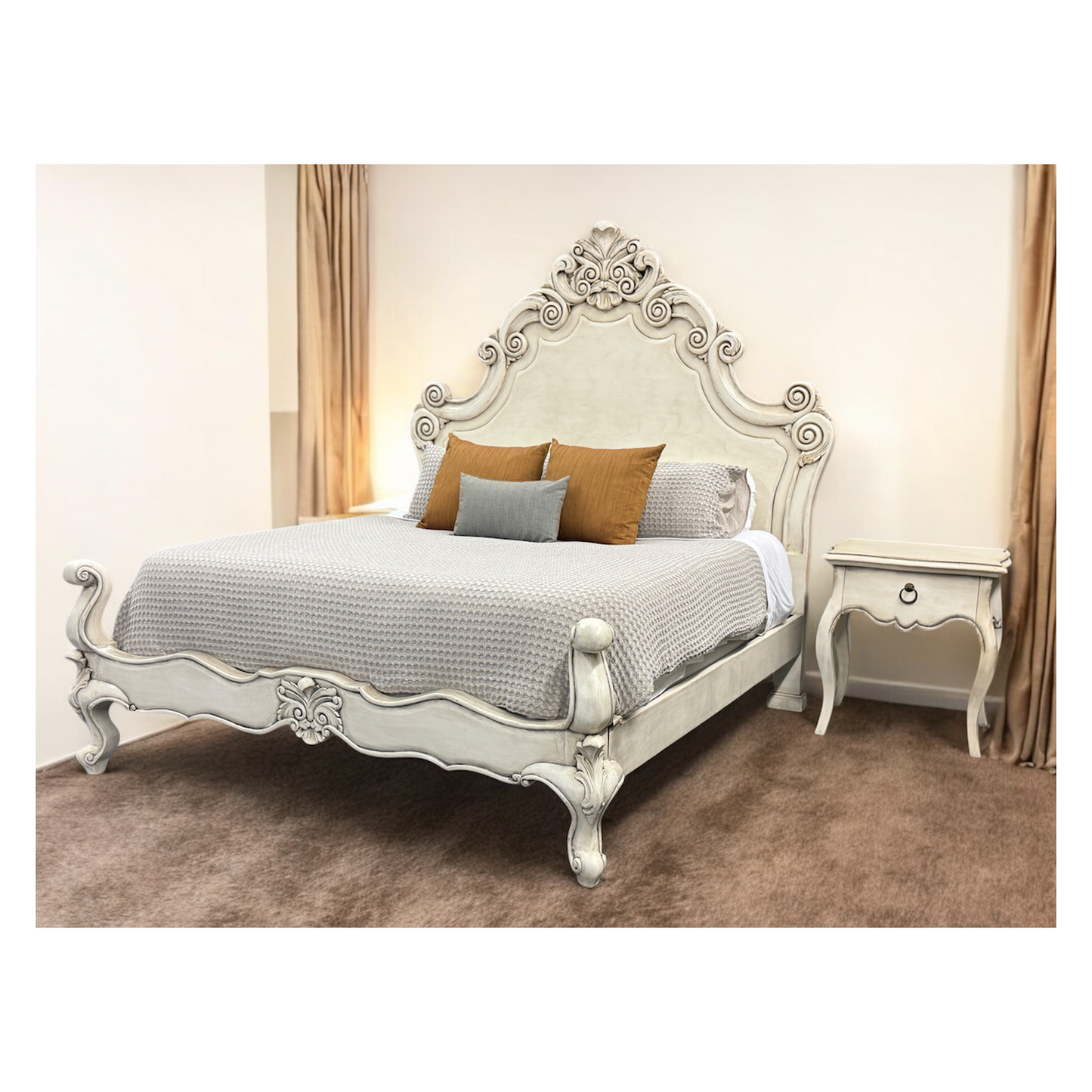 CALISTA BED 87" Tall | Luxury French European Style with Waxed Off-White Finish | Bed Only | Includes Delivery and Assembly