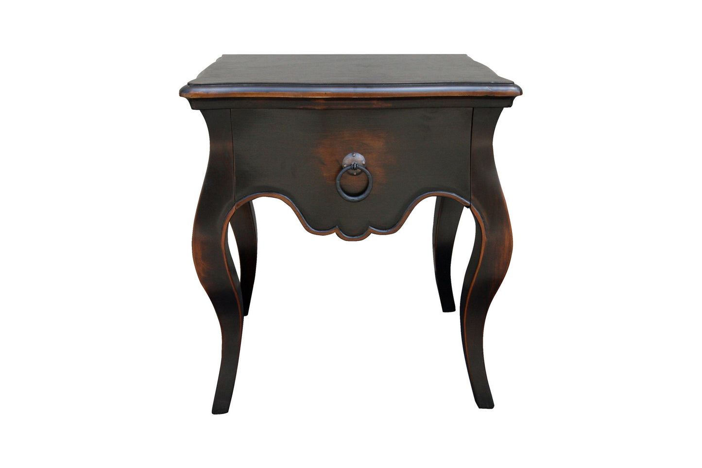 Bourganeuf Nightstands (2-Pack), Black With Distressed Brown Trim, Antique-Style Ring Pull Drawer, Cabriole Legs