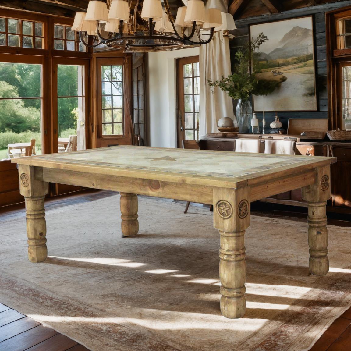 Sunrise Basin Lone Star Dining Table | Hand-Carved Wood & Stone Inlay Top | 5-8'