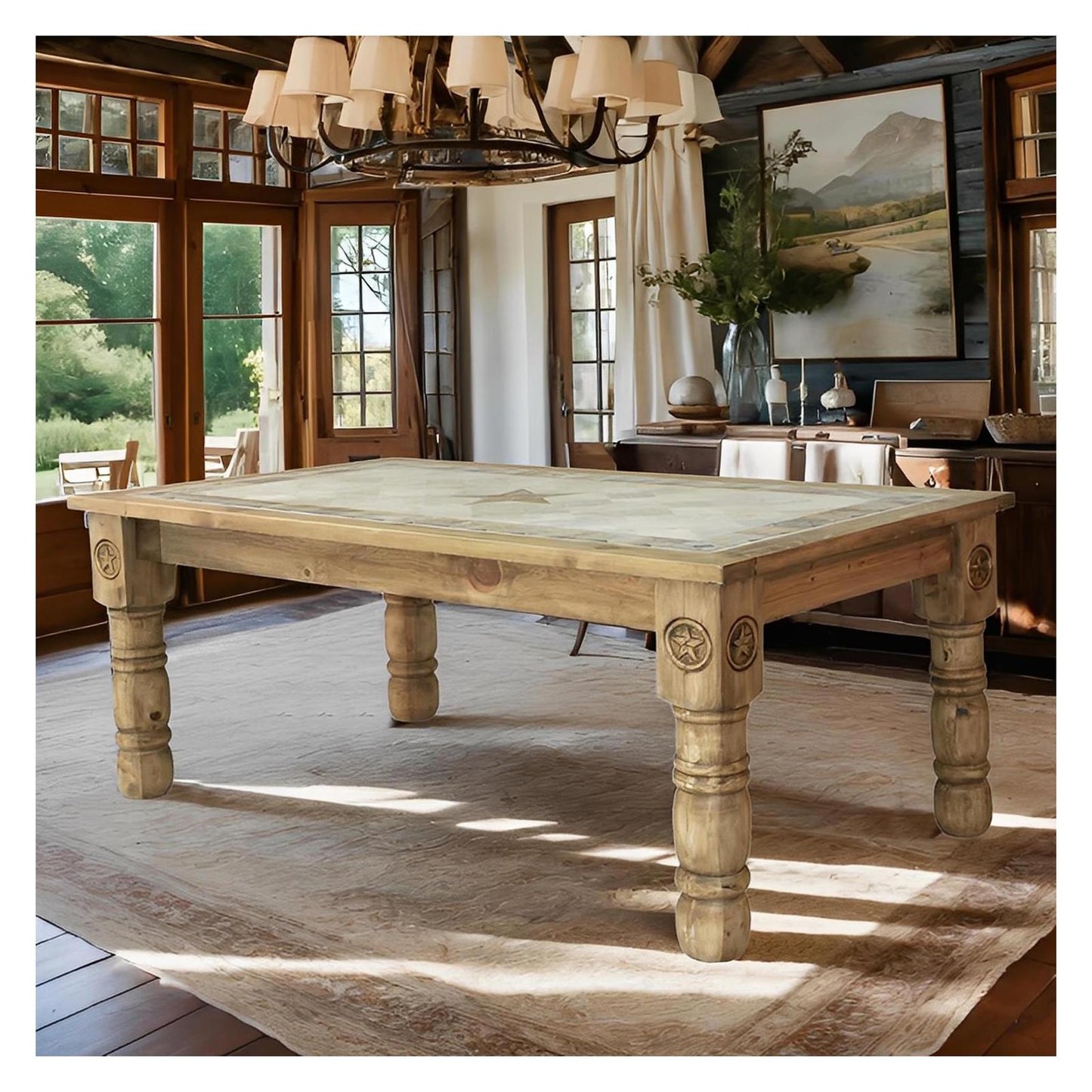 Sunrise Basin Lone Star Dining Table | Hand-Carved Wood & Stone Inlay Top | 5-8'
