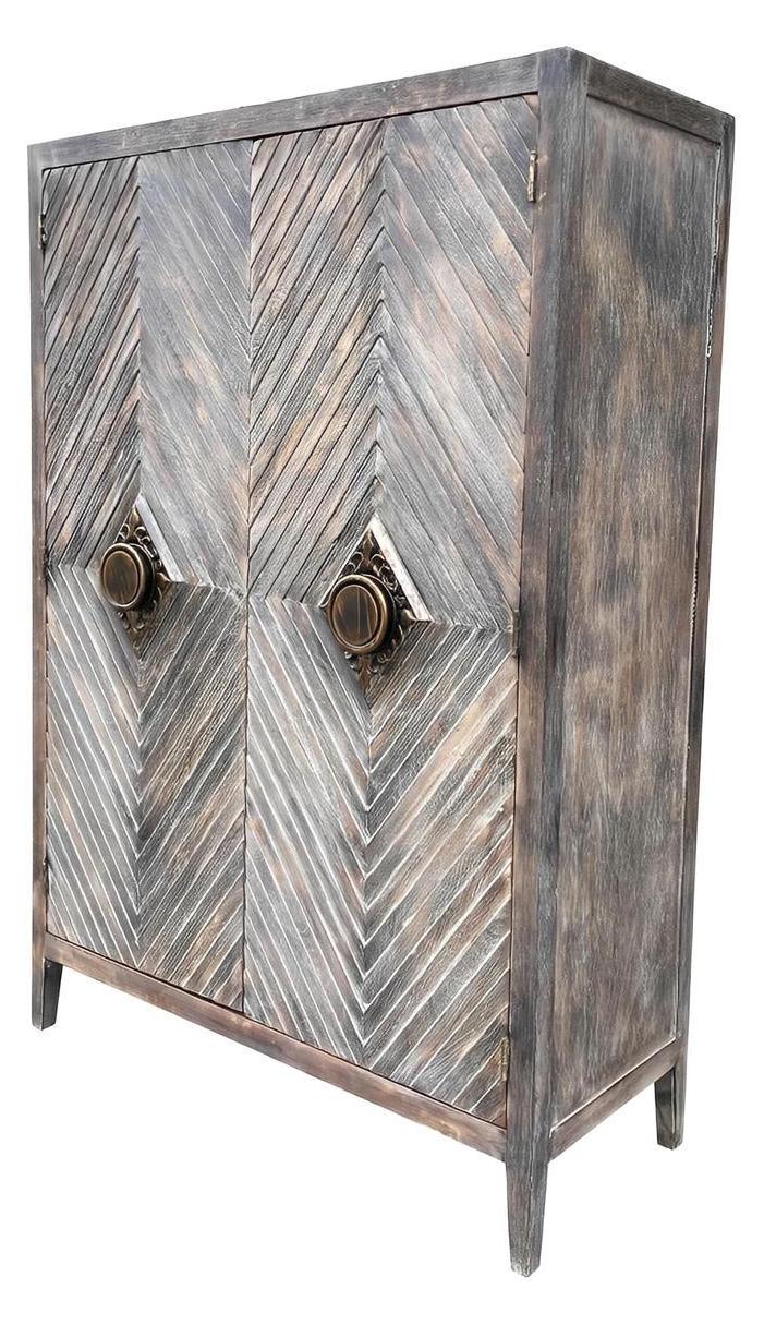 Apt Armoire, Dark Walnut, Chevron Wood Front With Antique Brass Knob