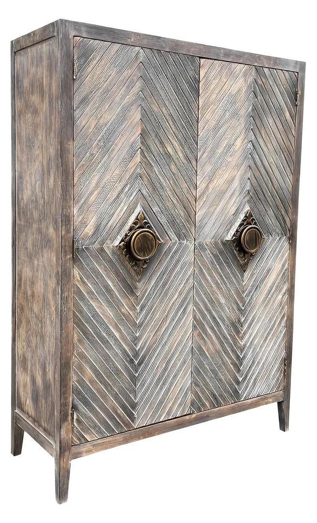 Apt Armoire, Dark Walnut, Chevron Wood Front With Antique Brass Knob
