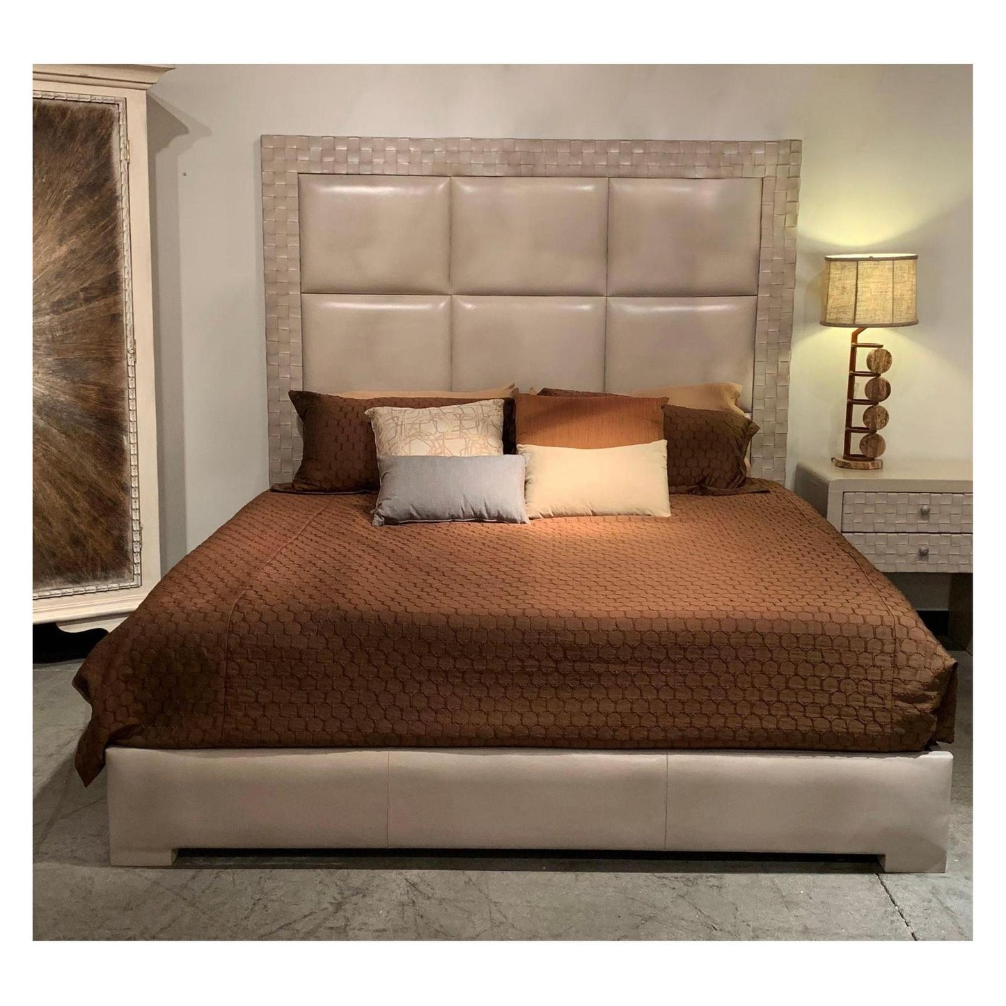 Aurene Parisian Tan Leather Bed With Woven Border Headboard