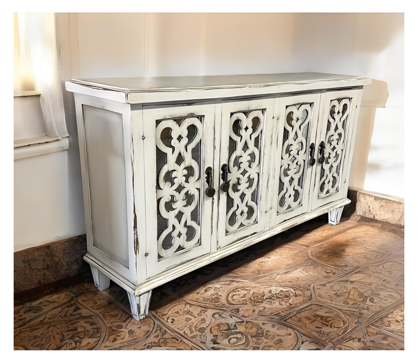 Selles-sur-Cher Distressed White European Style Elegant Handcrafted Dining Room Buffet Table 18 x 72 x 40