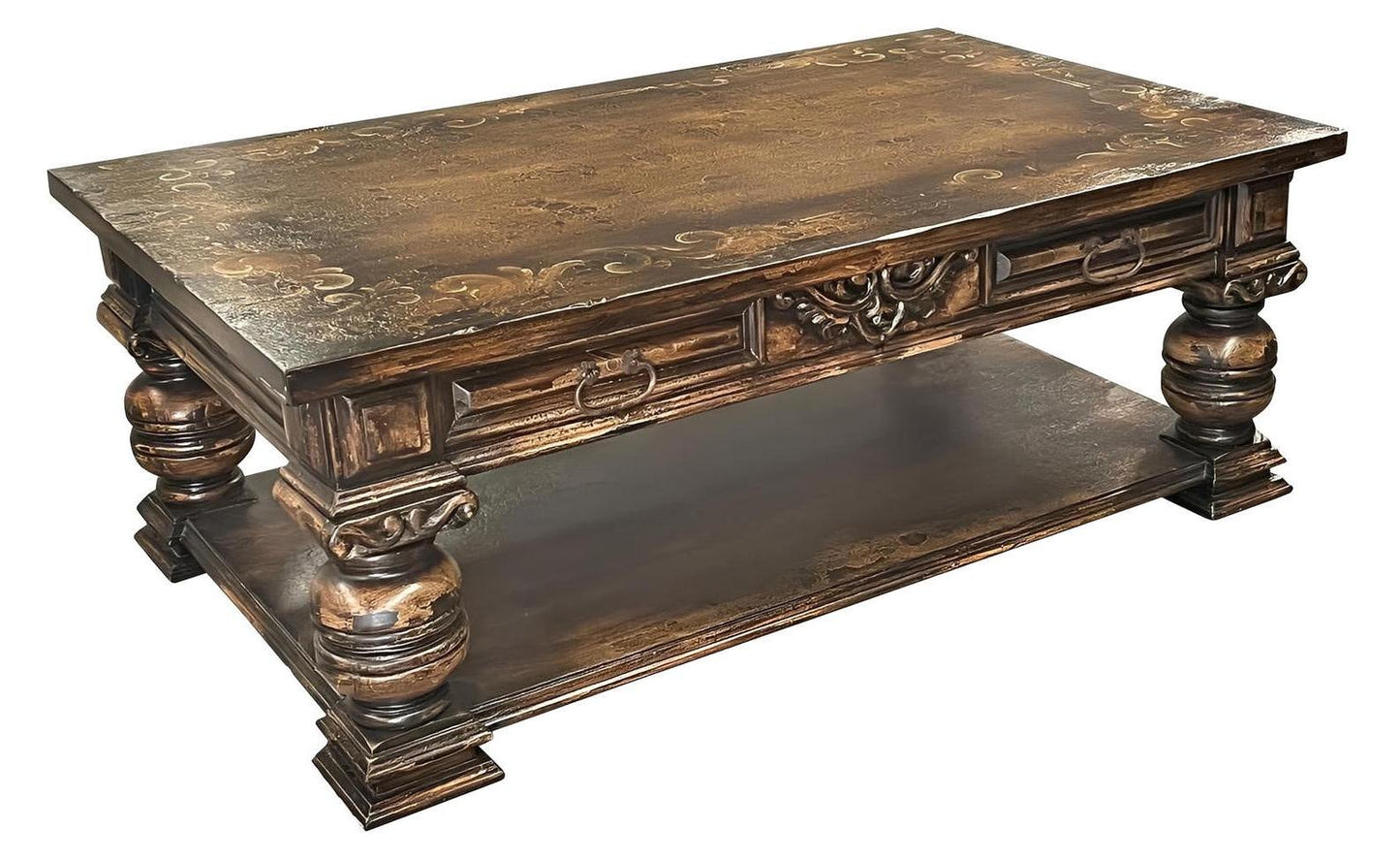 Nontron Coffee Table - Rectangle, Dark Walnut Finish, Two-Tier Open Shelf And Hand-Carved Detailing