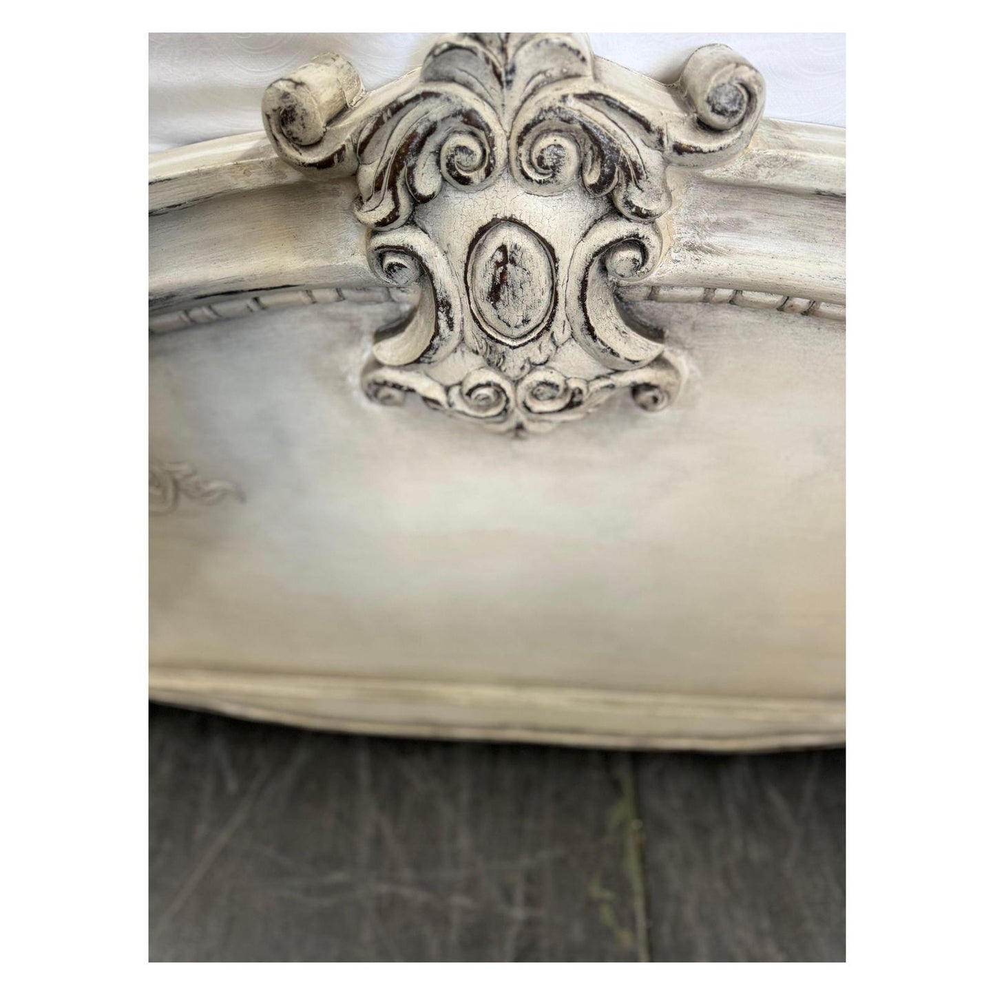 CELESTE BED WAXED OFF-WHITE 87.5" Tall | Luxury French European Style | Carved Solid Wood Frame | Bed Only | Includes Delivery and Assembly