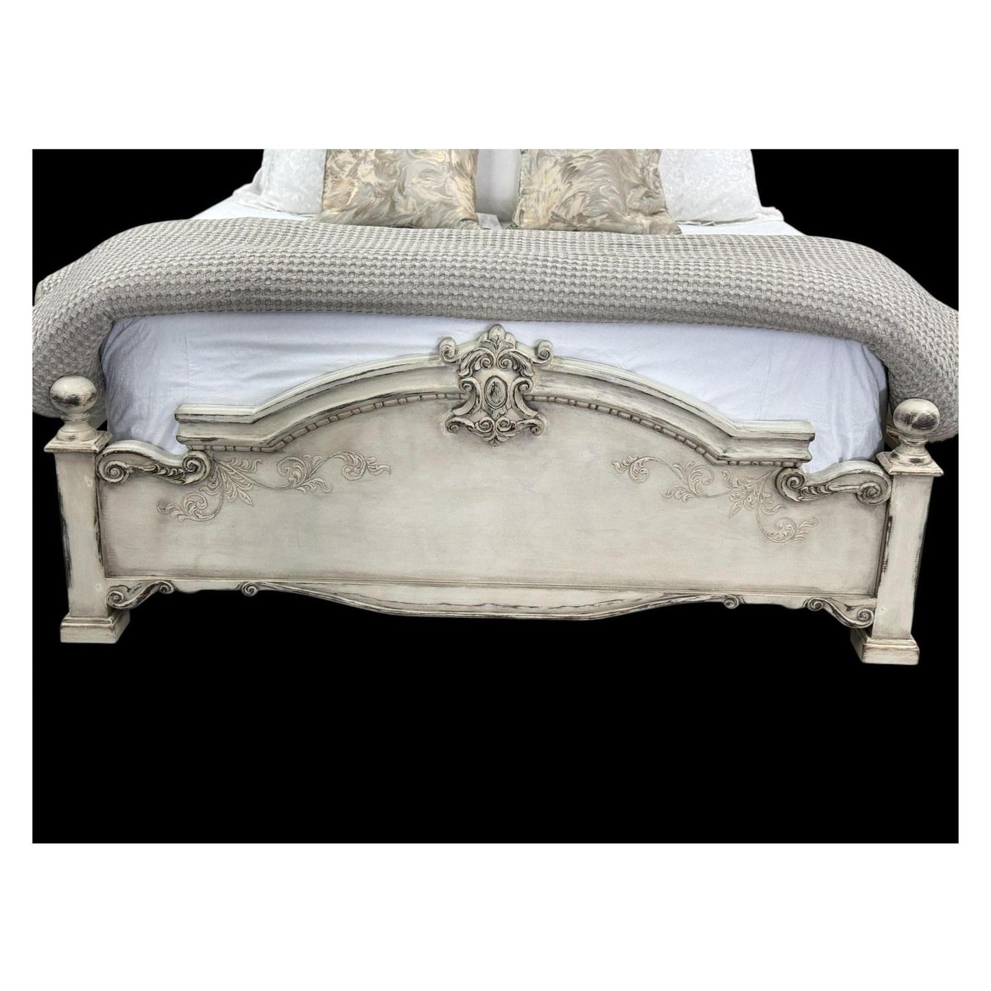 CELESTE BED WAXED OFF-WHITE 87.5" Tall | Luxury French European Style | Carved Solid Wood Frame | Bed Only | Includes Delivery and Assembly