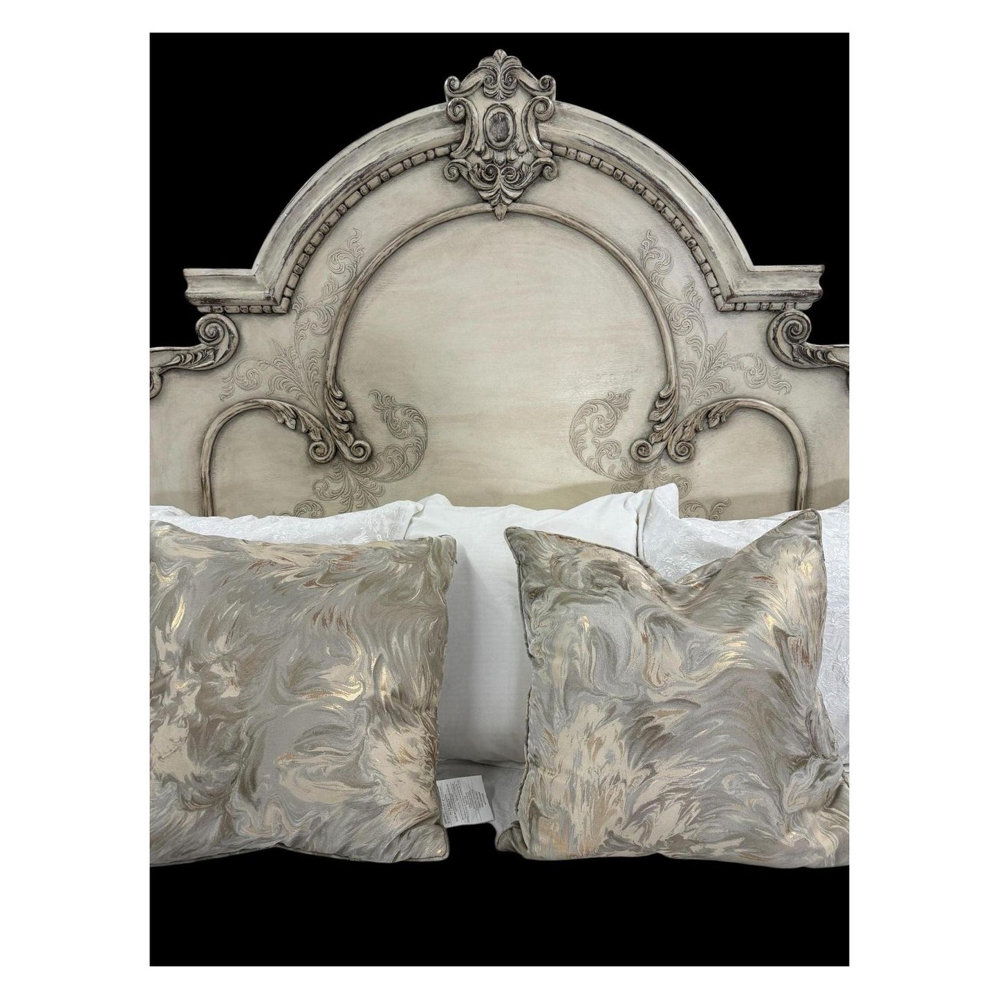 CELESTE BED WAXED OFF-WHITE 87.5" Tall | Luxury French European Style | Carved Solid Wood Frame | Bed Only | Includes Delivery and Assembly