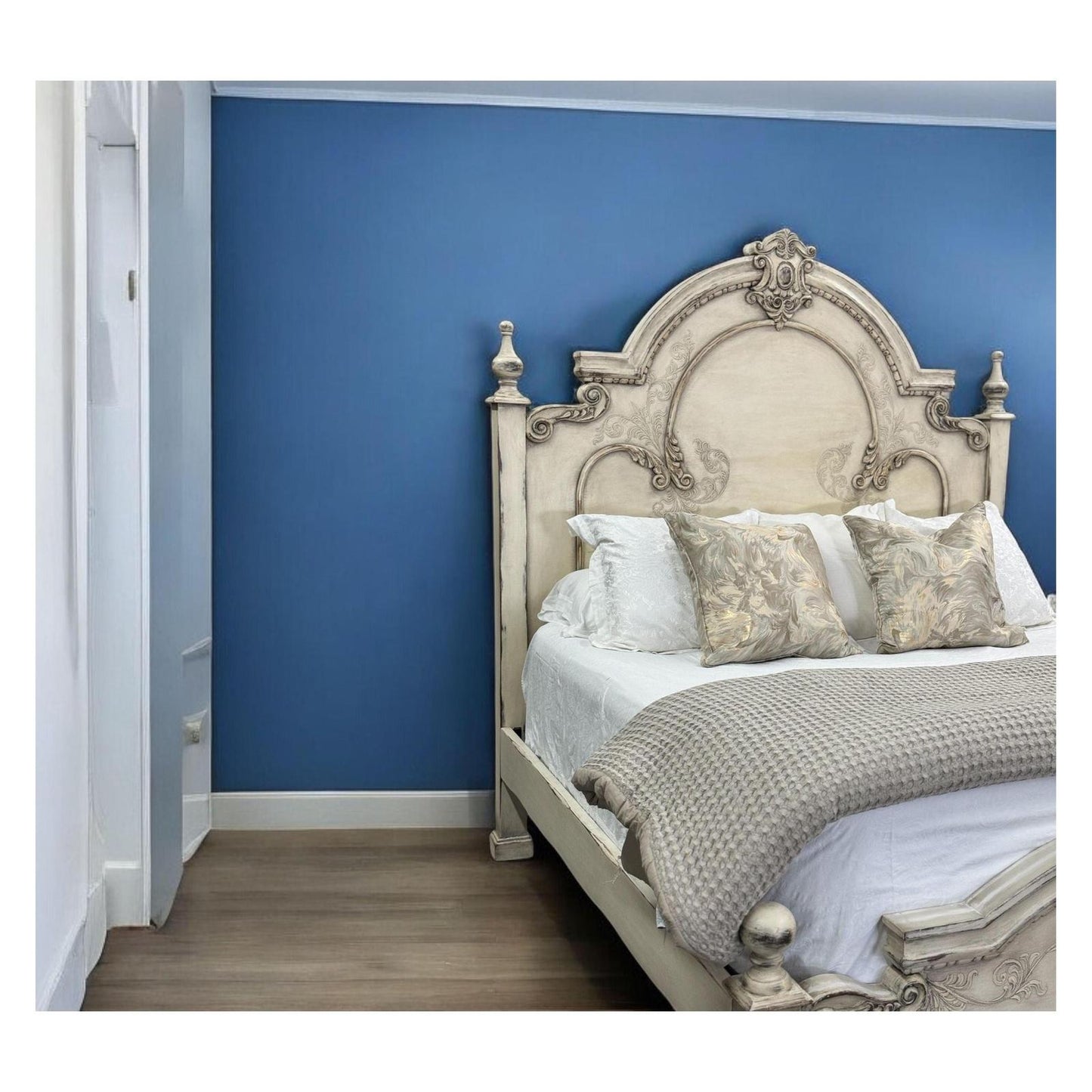 CELESTE BED WAXED OFF-WHITE 87.5" Tall | Luxury French European Style | Carved Solid Wood Frame | Bed Only | Includes Delivery and Assembly