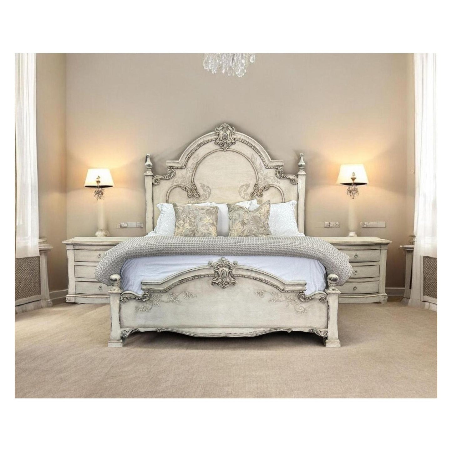 CELESTE BED WAXED OFF-WHITE 87.5" Tall | Luxury French European Style | Carved Solid Wood Frame | Bed Only | Includes Delivery and Assembly