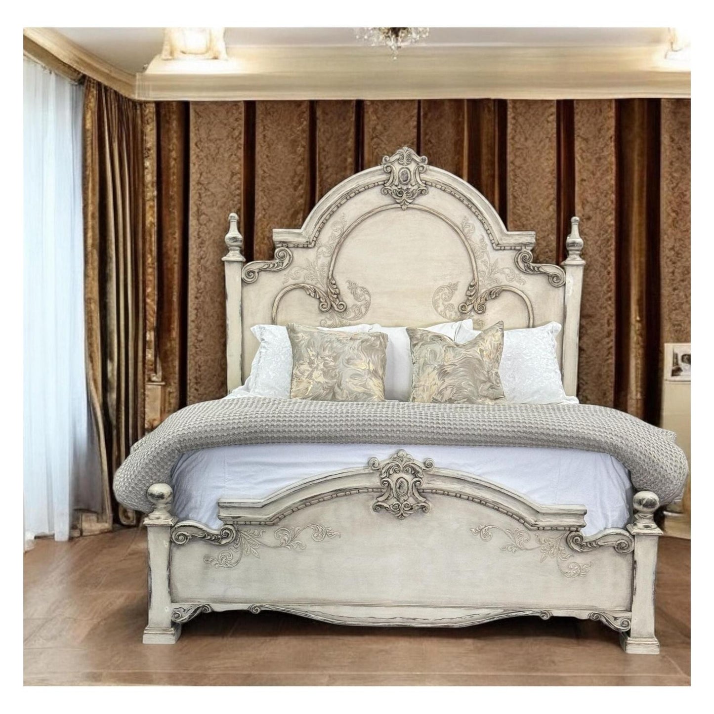 CELESTE BED WAXED OFF-WHITE 87.5" Tall | Luxury French European Style | Carved Solid Wood Frame | Bed Only | Includes Delivery and Assembly