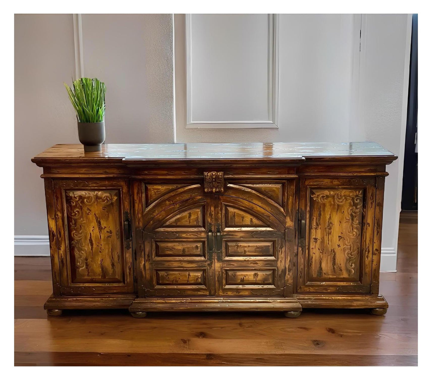 Loire Valley Elegance Antique Walnut Dining Buffet, Hand-Carved, 85 in
