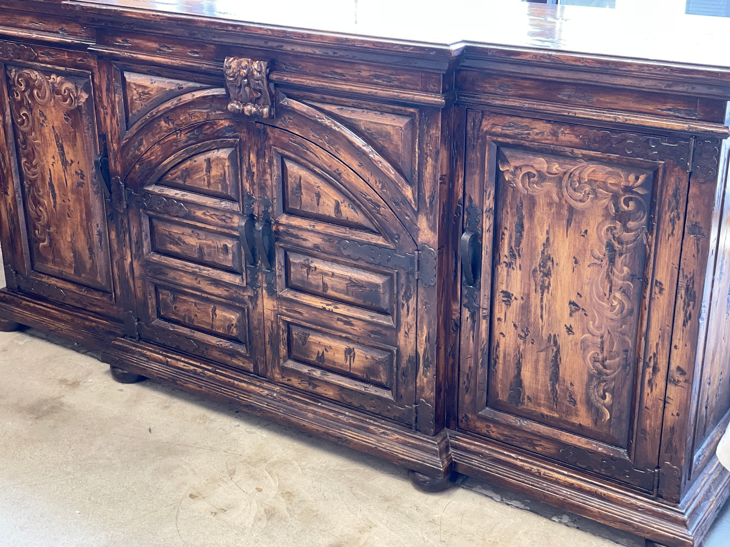 Loire Valley Elegance Antique Walnut Dining Buffet, Hand-Carved, 85 in