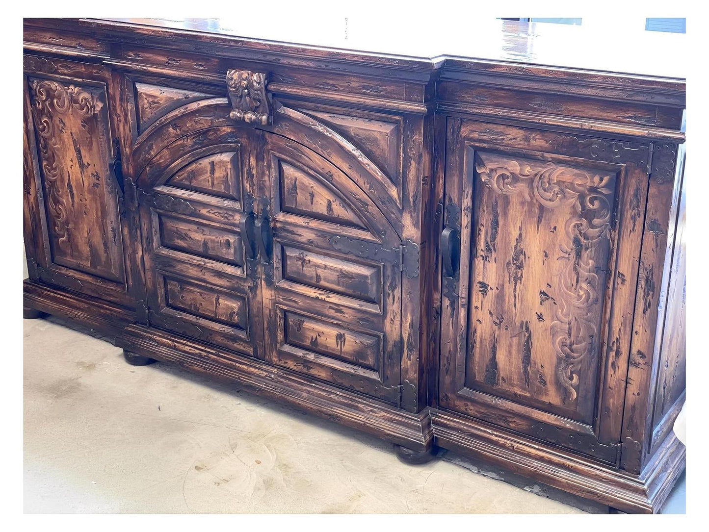 Loire Valley Elegance Antique Walnut Dining Buffet, Hand-Carved, 85 in