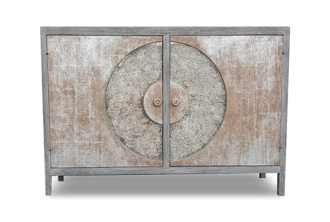 Largentière Chest, Weathered Gray Finish, Concentric Circle Door Panels With Subtle Metal Accents