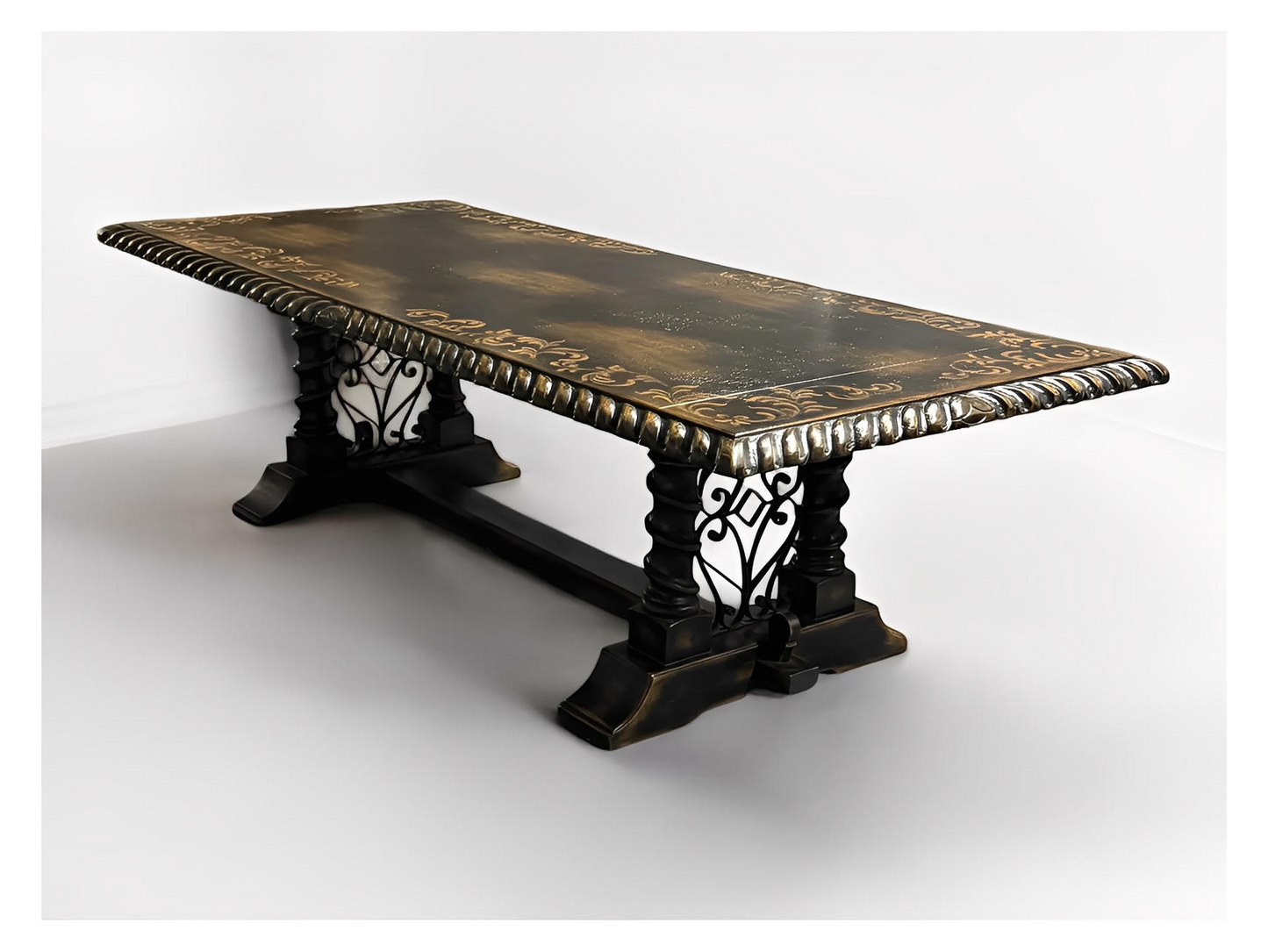 Turenne Dining Table - Rectangular, Black With Antique Gold Trim, Hand-Tooled Border