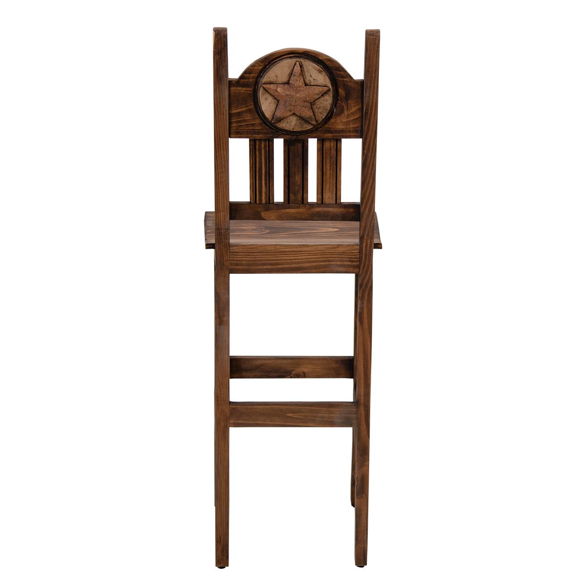 Hand-Carved Wooden Barstool with Back and Western Style Star Emblem Made of Stone in the Backrest (2 or 3-Pack) - 24 or 30 in