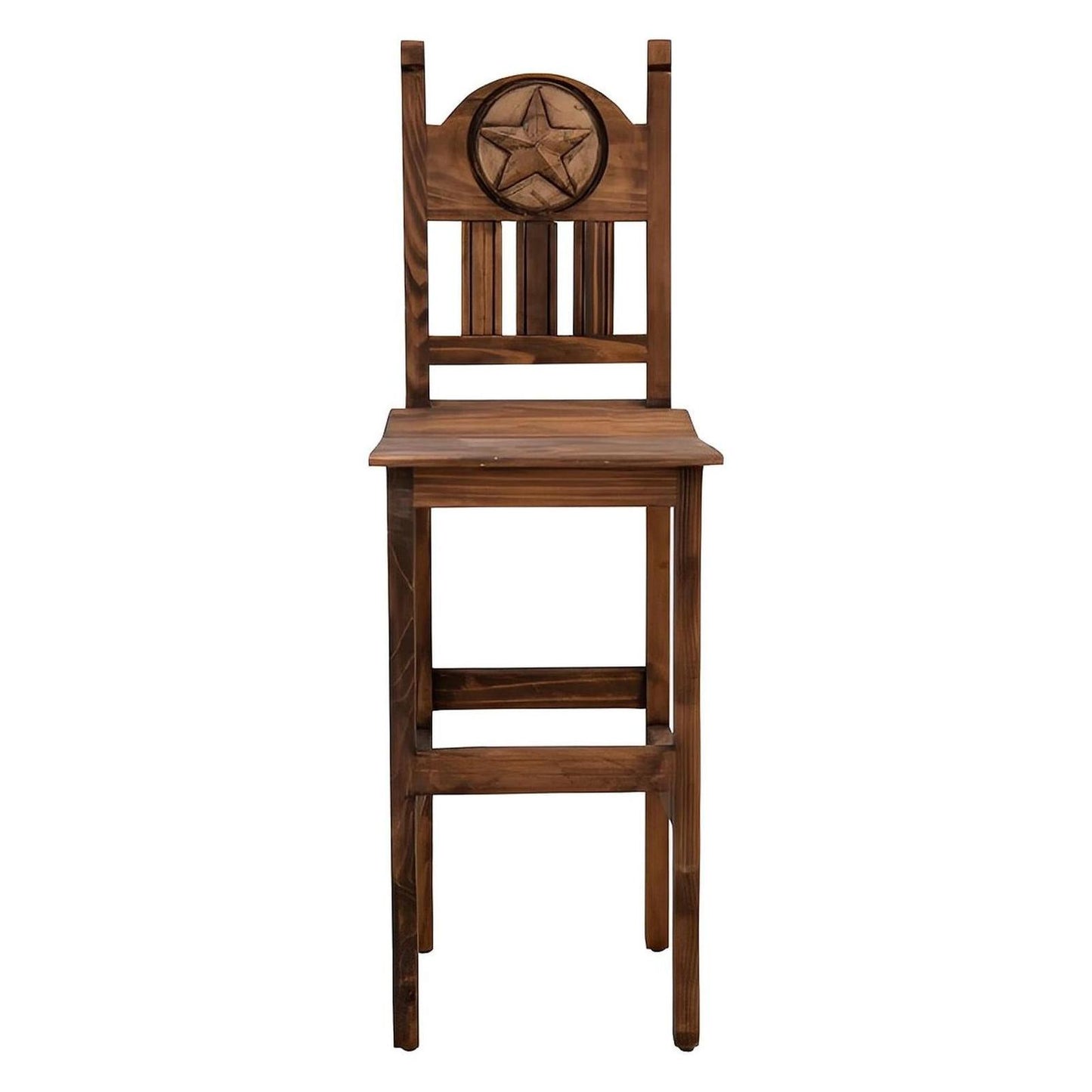 Hand-Carved Wooden Barstool with Back and Western Style Star Emblem Made of Stone in the Backrest (2 or 3-Pack) - 24 or 30 in