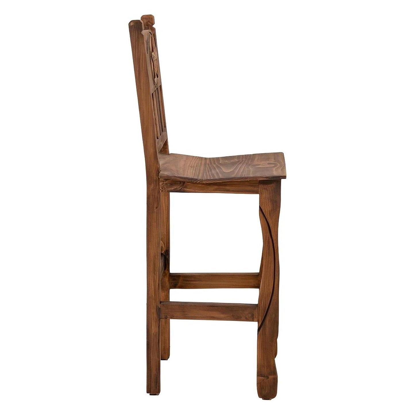 Hand-Carved Wooden Barstool with Back and Western Style Star Emblem Made of Stone in the Backrest (2 or 3-Pack) - 24 or 30 in