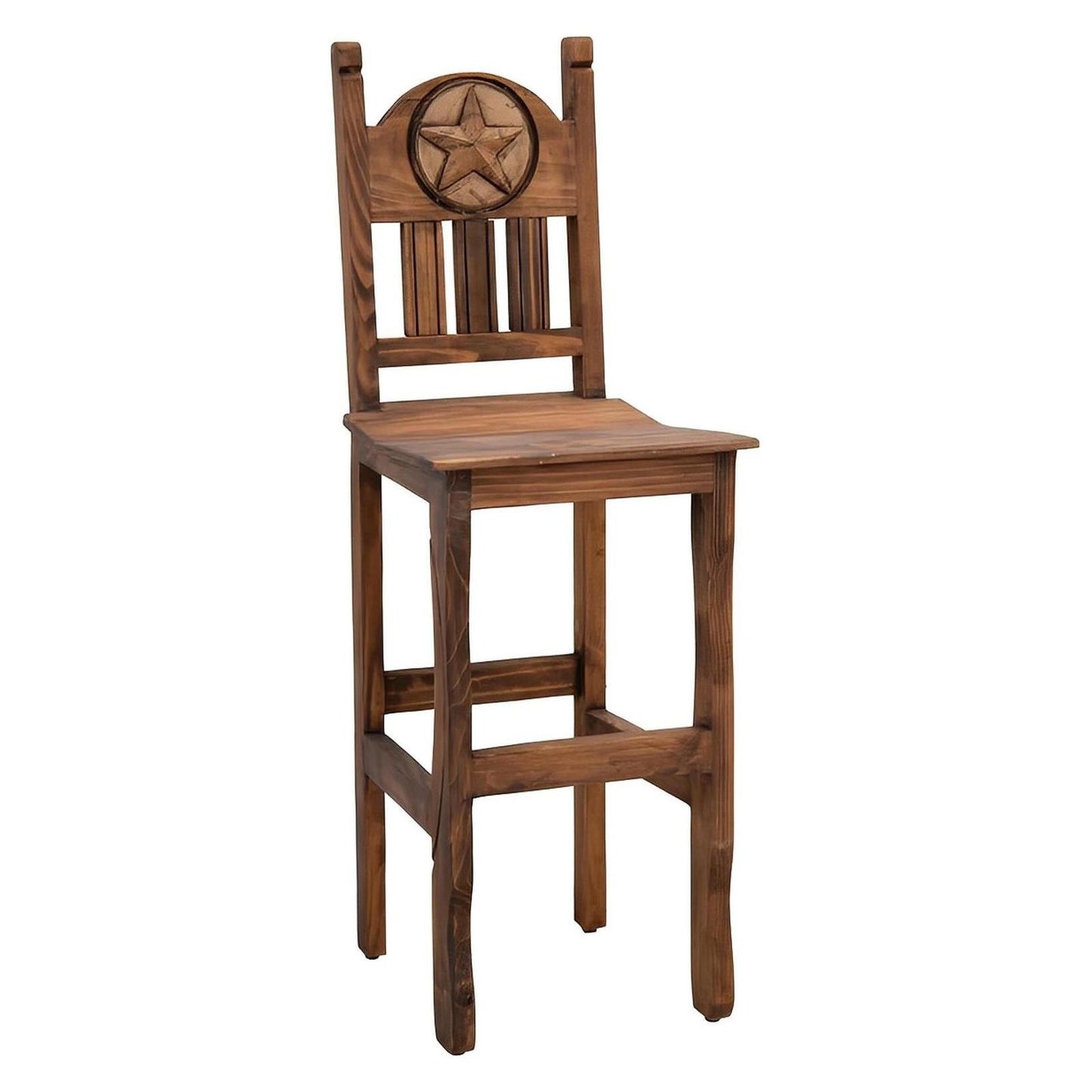 Hand-Carved Wooden Barstool with Back and Western Style Star Emblem Made of Stone in the Backrest (2 or 3-Pack) - 24 or 30 in
