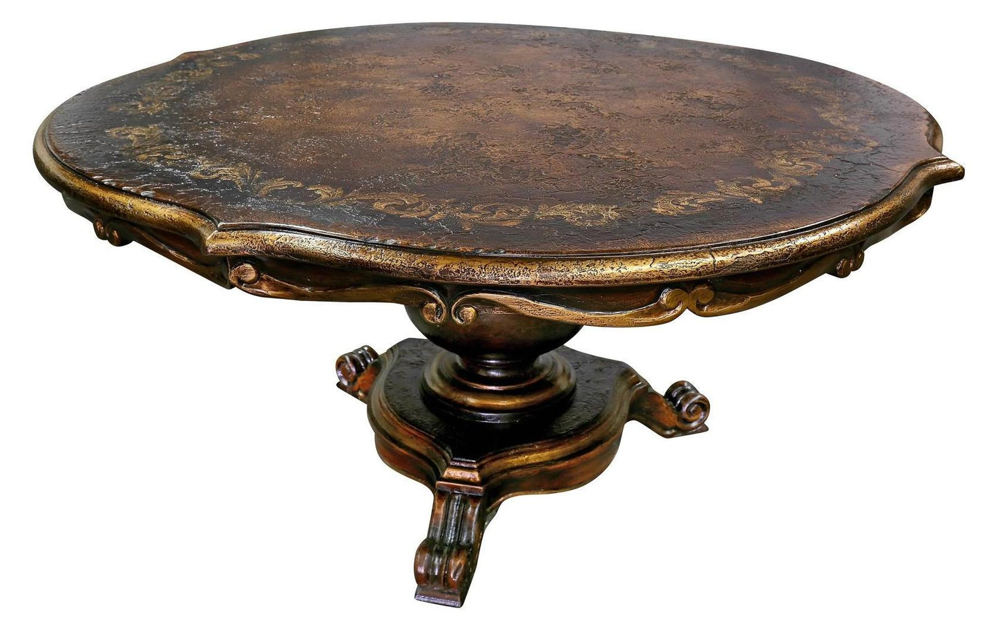 Carcassonne Dining Table - Round, Dark Brown Finish, Ornate Carved Pedestal Base