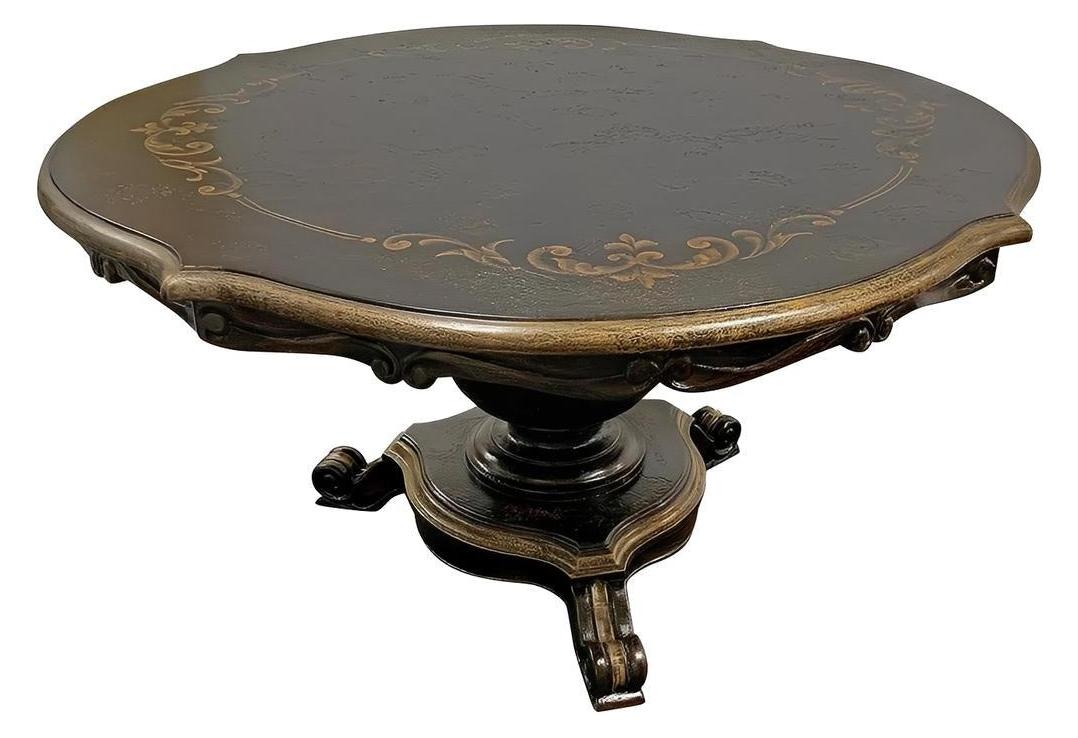 Collioure Dining Table - Round, Antique Black Finish, Hand-Painted Gold Filigree Detailing