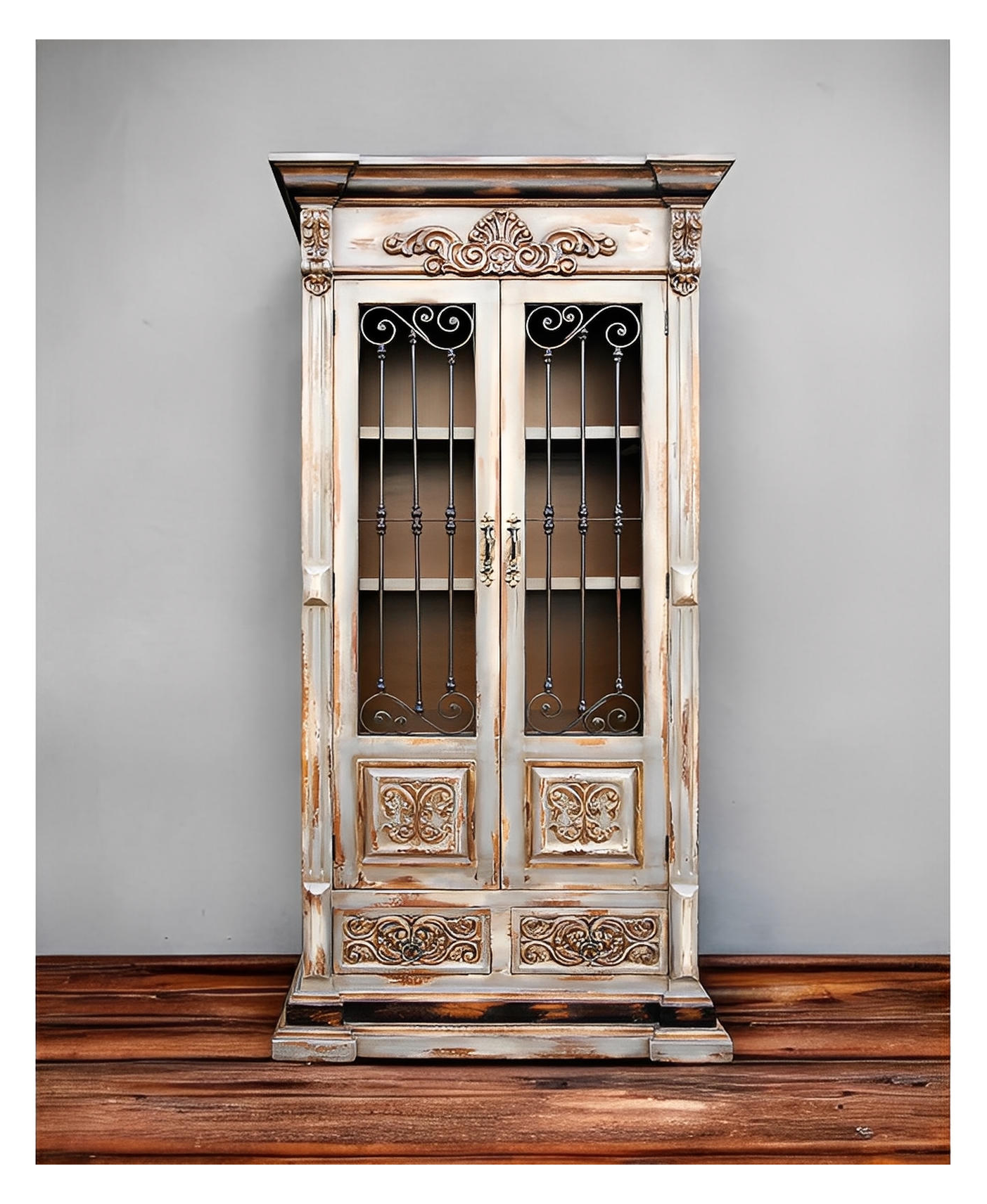 Autoire Armoire, Distressed White Finish, Ornate Carvings, Wrought Iron Grille Doors