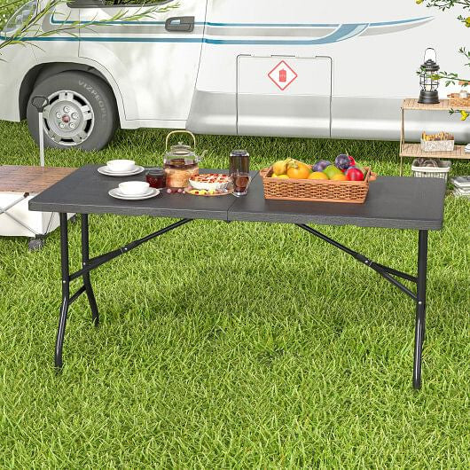 5FT Folding Picnic Table with Wood Grain HDPE Tabletop and Non-slip Foot Pads-Black-0