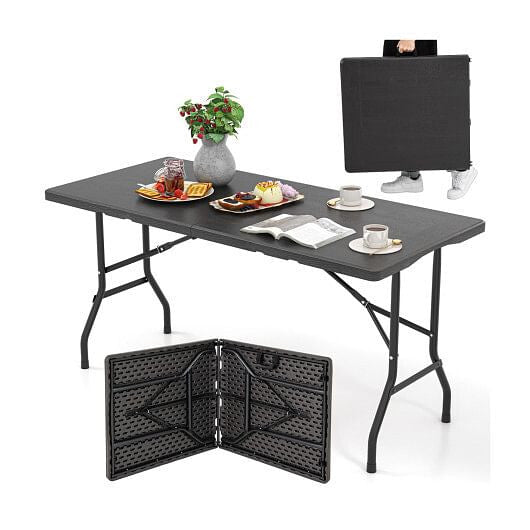 5FT Folding Picnic Table with Wood Grain HDPE Tabletop and Non-slip Foot Pads-Black-2