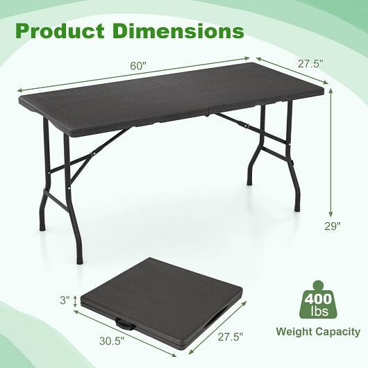5FT Folding Picnic Table with Wood Grain HDPE Tabletop and Non-slip Foot Pads-Black-3