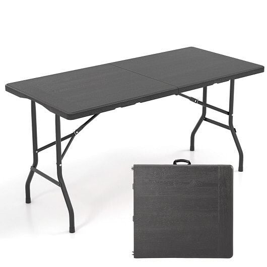 5FT Folding Picnic Table with Wood Grain HDPE Tabletop and Non-slip Foot Pads-Black-4