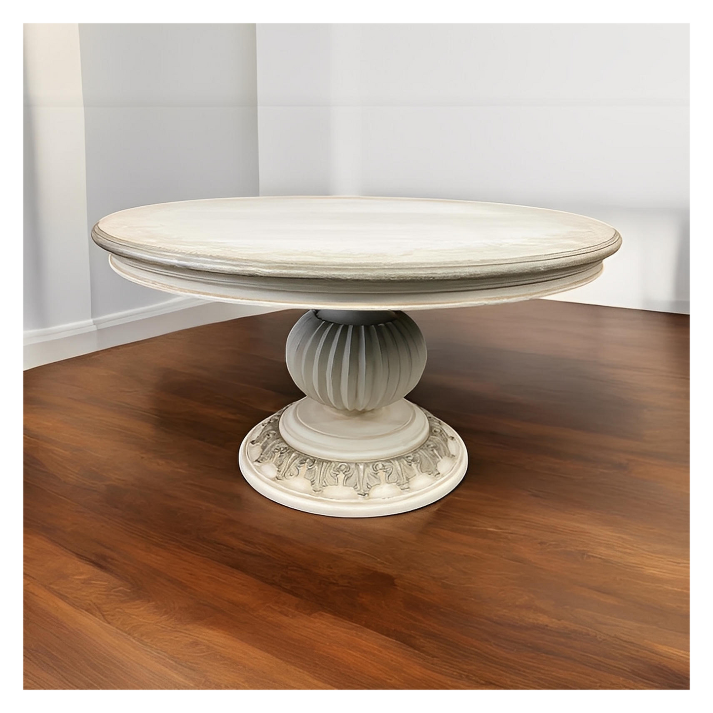 Blangy-le-Château Dining Table - Round, Antique White Distressed, Embossed Floral Edge