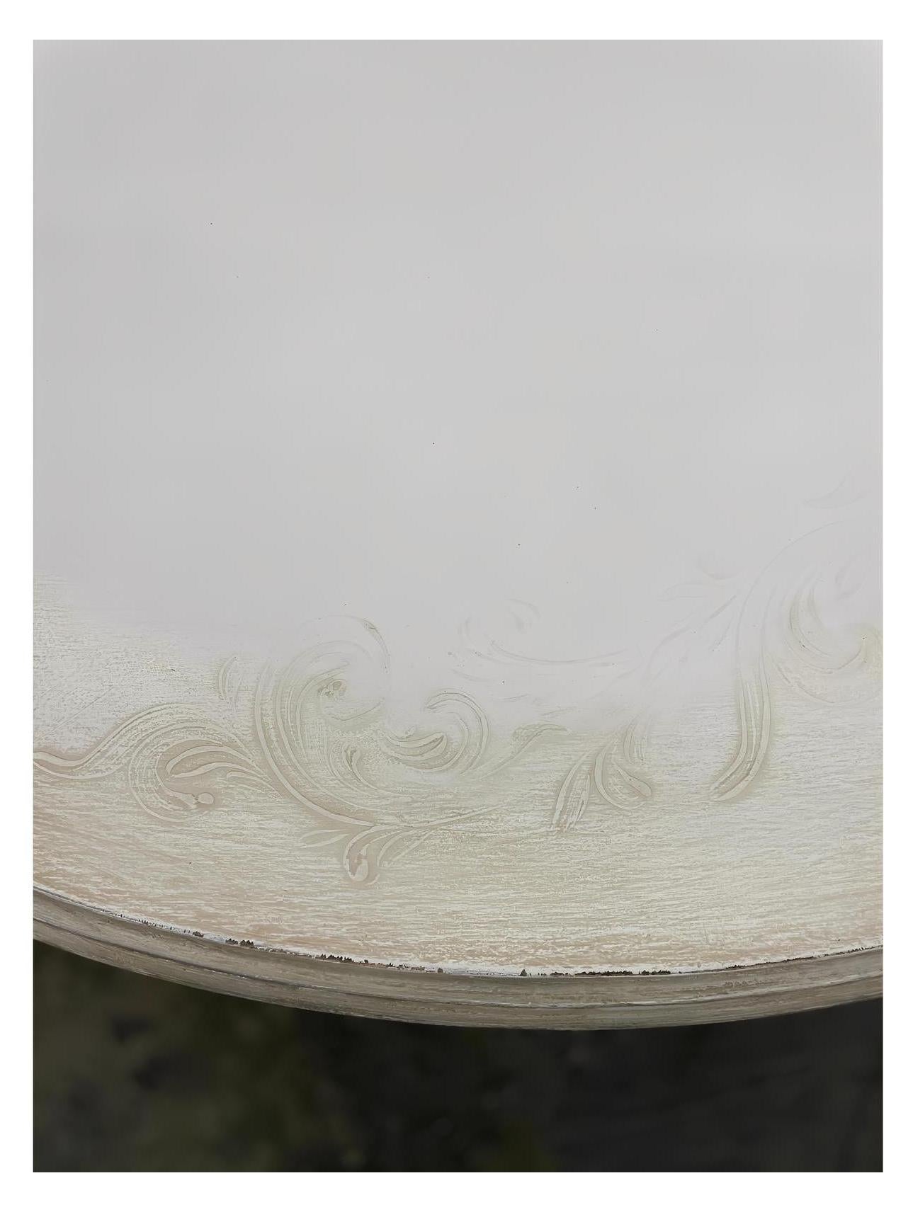 Blangy-le-Château Dining Table - Round, Antique White Distressed, Embossed Floral Edge