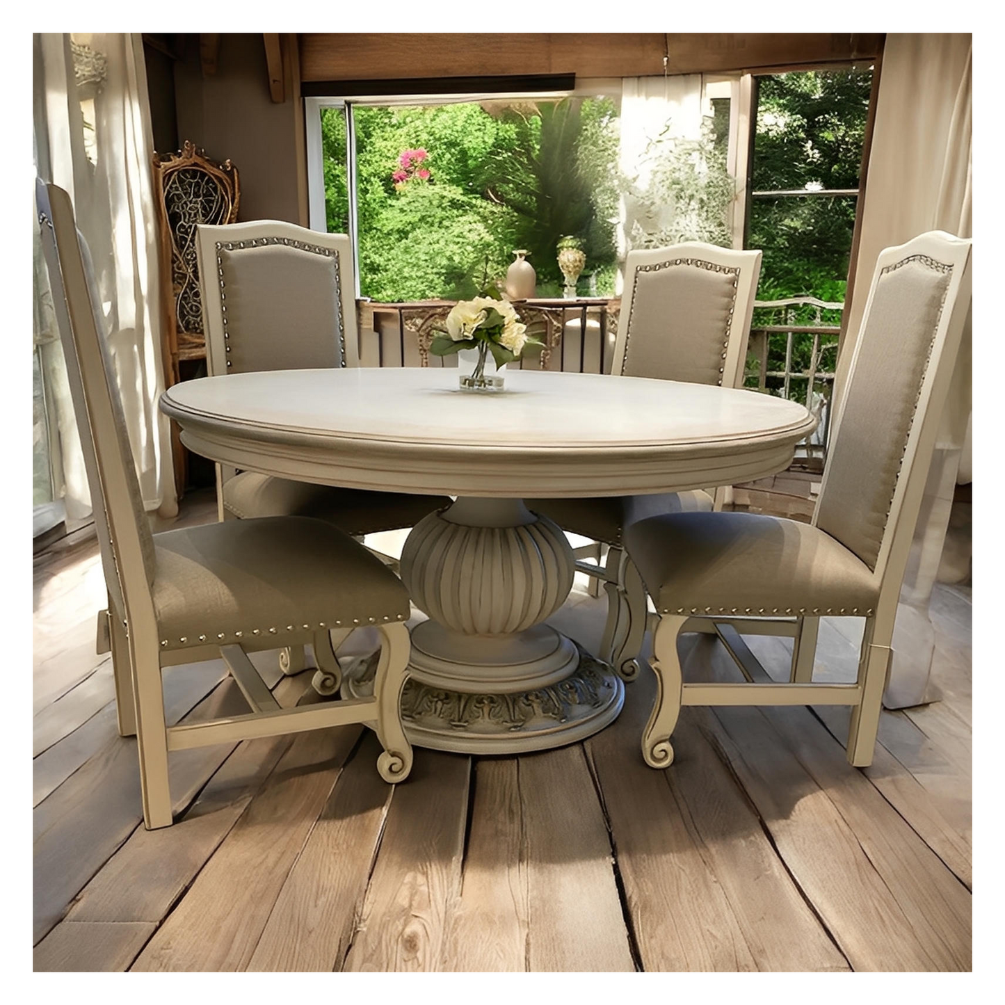 Blangy-le-Château Dining Table - Round, Antique White Distressed, Embossed Floral Edge