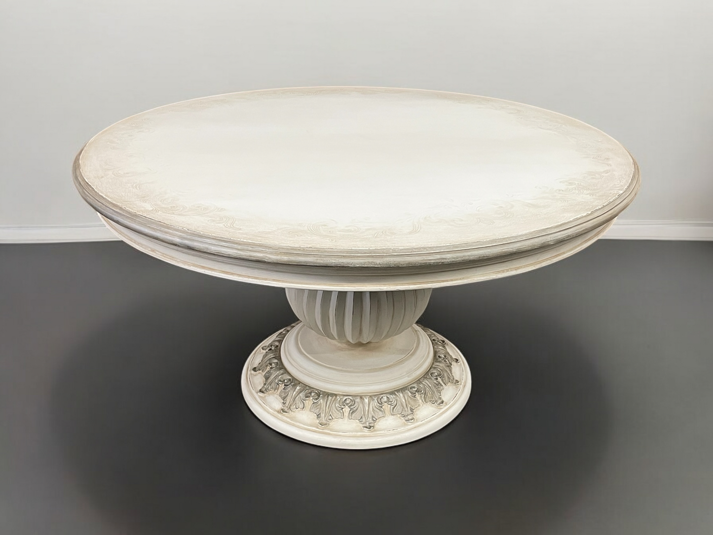Blangy-le-Château Dining Table - Round, Antique White Distressed, Embossed Floral Edge