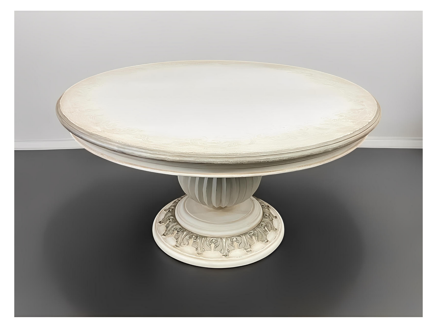 Blangy-le-Château Dining Table - Round, Antique White Distressed, Embossed Floral Edge