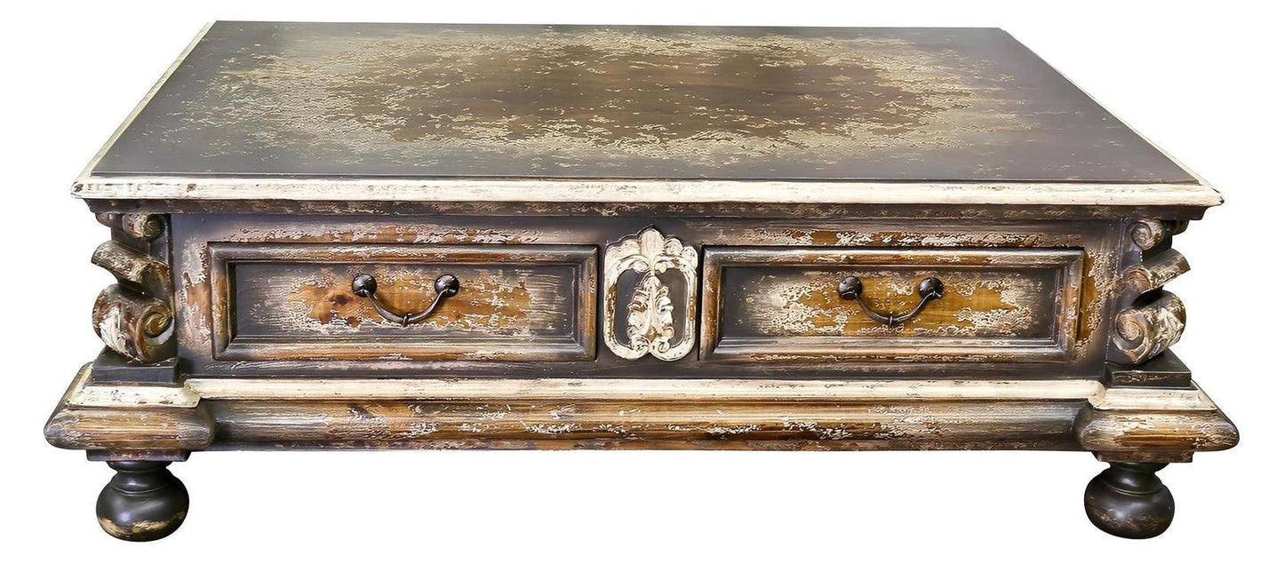 Neufchâtel-en-Bray Coffee Table - Rectangle, Distressed Brown, Two Antiqued Drawer Fronts With Ornate Hardware