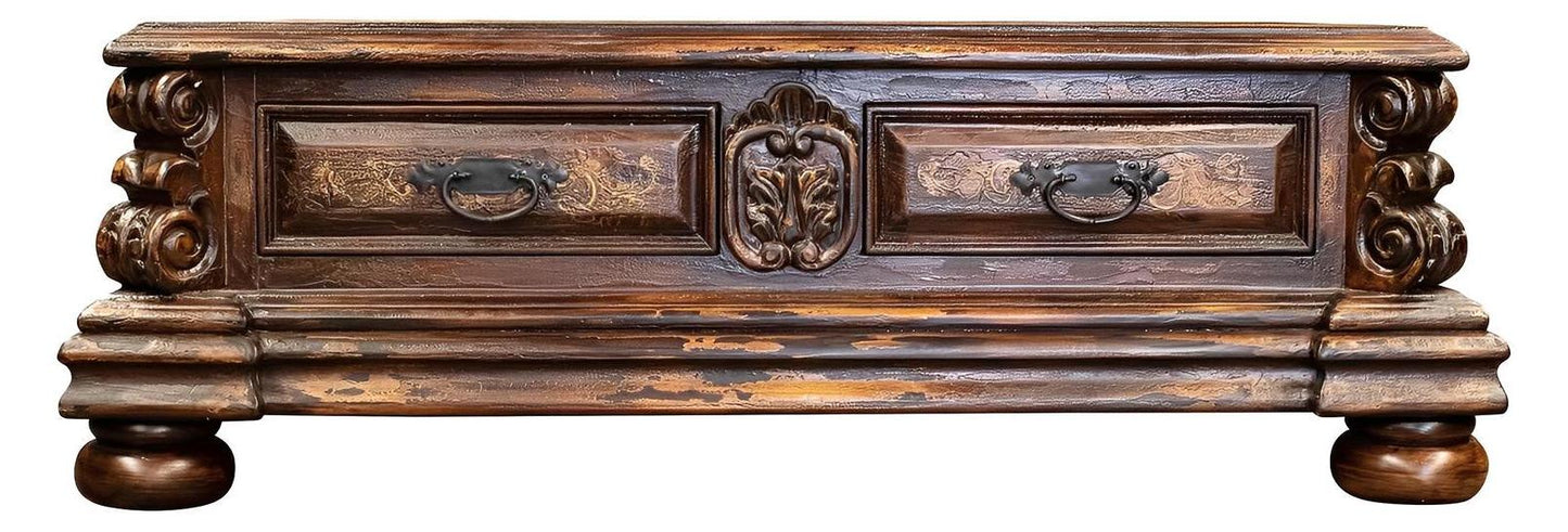 Quillan Coffee table - Rectangle, Antique Brown, Distressed Surface With Ornate Antique-Gold Floral Pattern