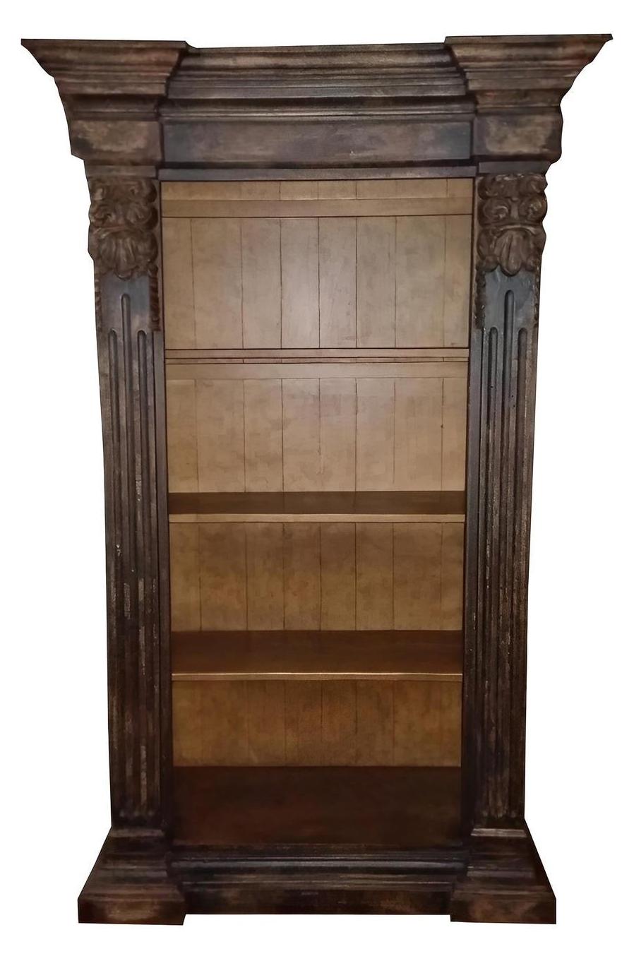 Coutances Bookcase, Dark Walnut, Hand-Carved Corinthian-Style Columns And Crowned Pediment