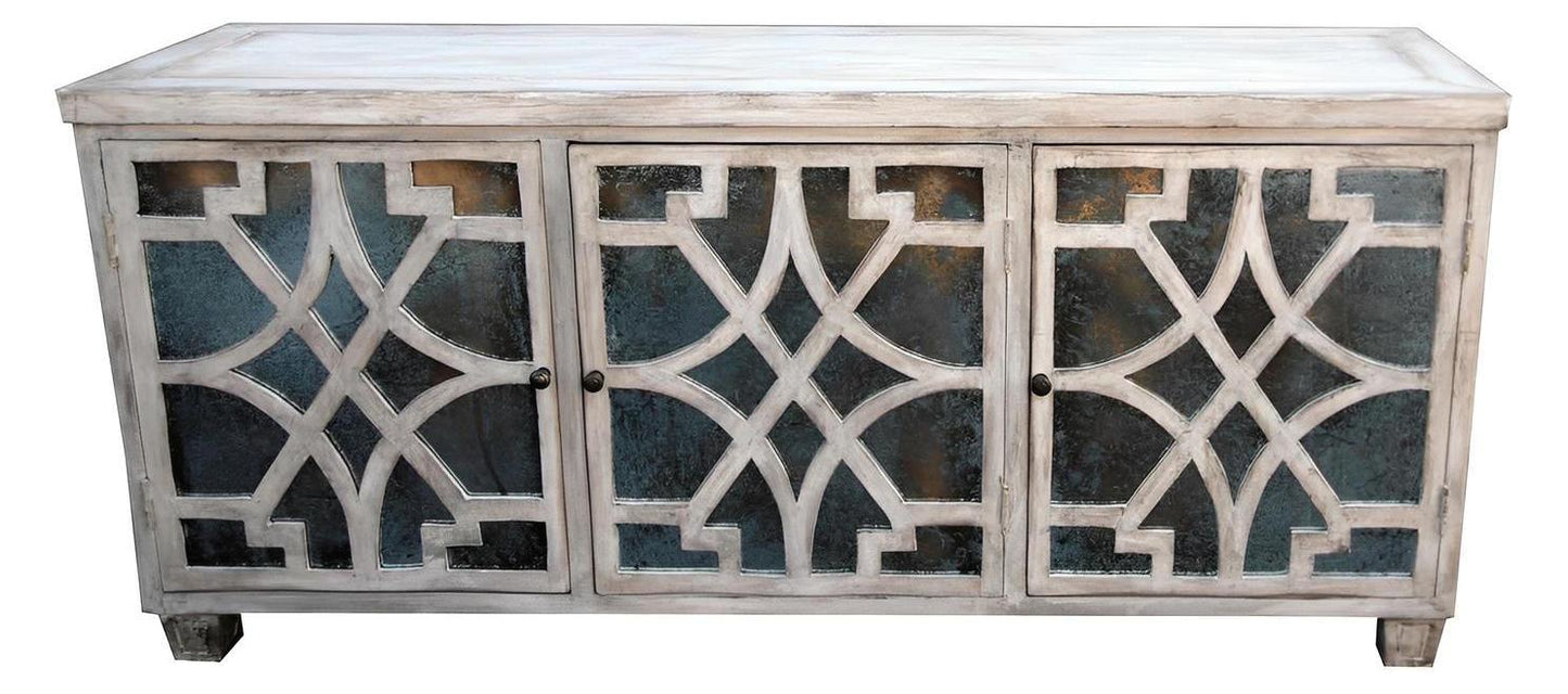 Lisbon Weathered Gray Dining Room Buffet Table With Mirrored Doors, 80W x 20.5H x 36.5D