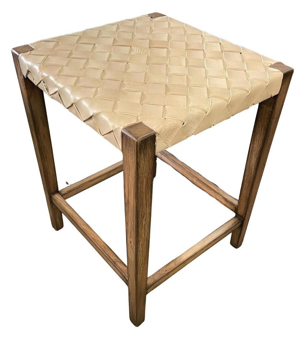 Nantua Counter Height Stools (3-Pack), Natural, Handwoven Leather Seat, Sturdy Square-Leg Frame