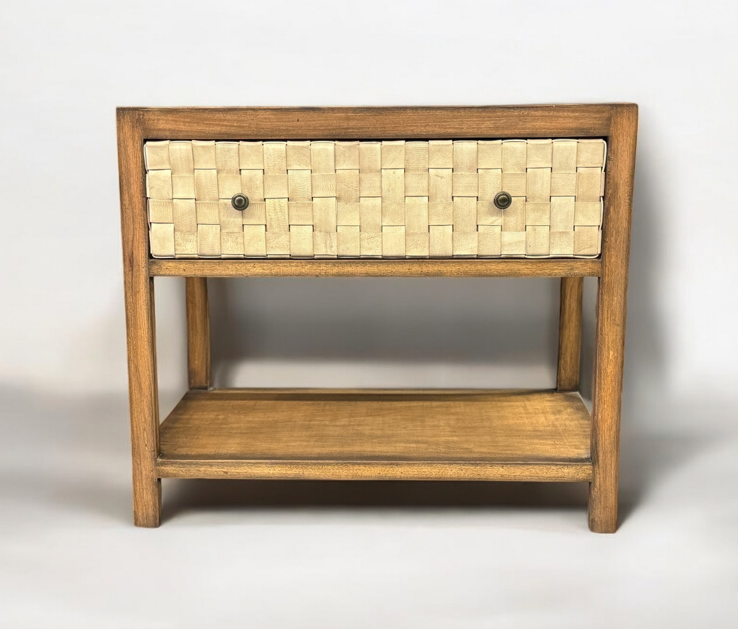 Belcastel Nightstands (2-Pack), Walnut, Leather-Woven Drawer Fronts