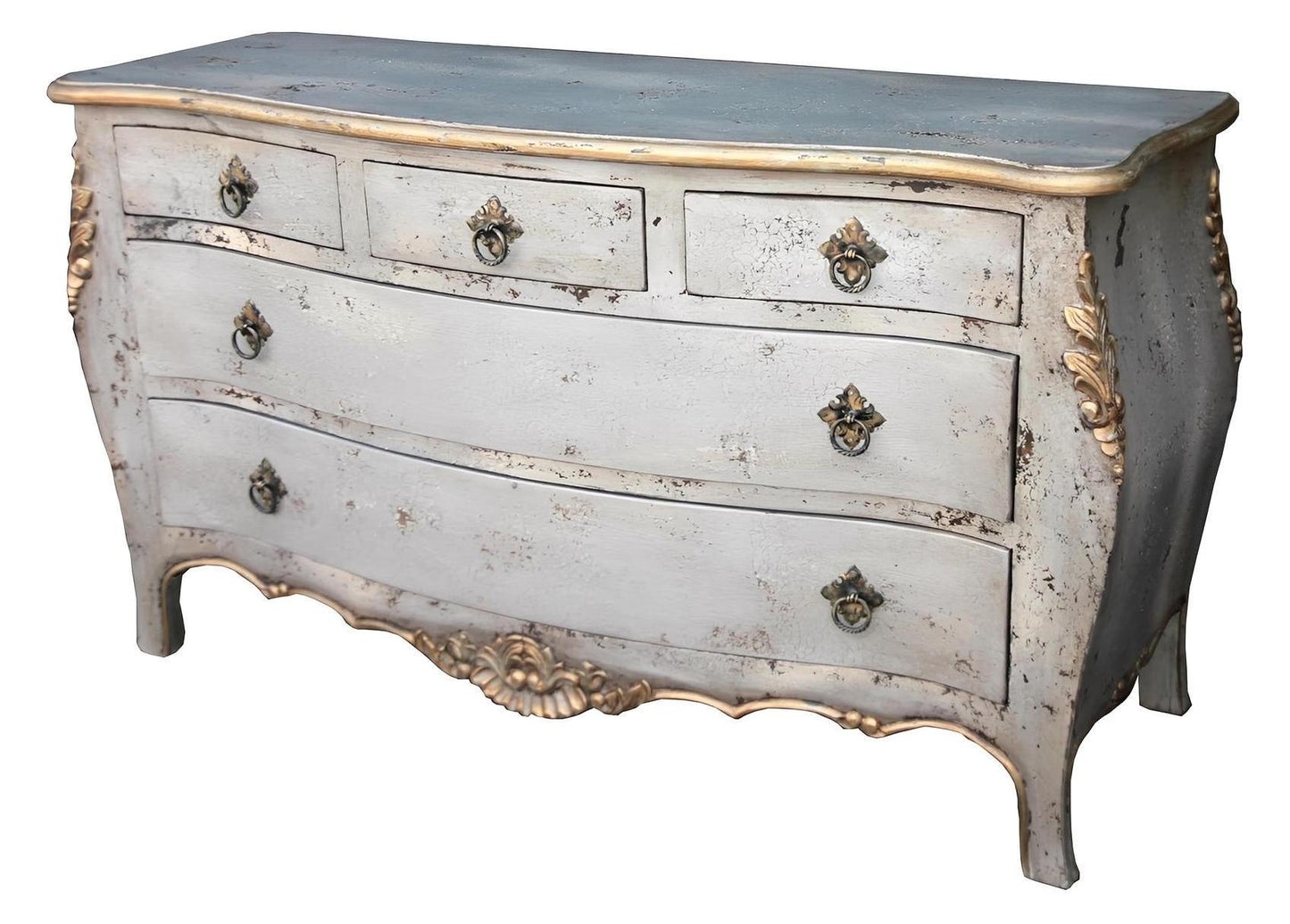 Lavaur Dresser, Distressed White With Gold Accents, Ornate Floral Detailing And Cabriole Legs