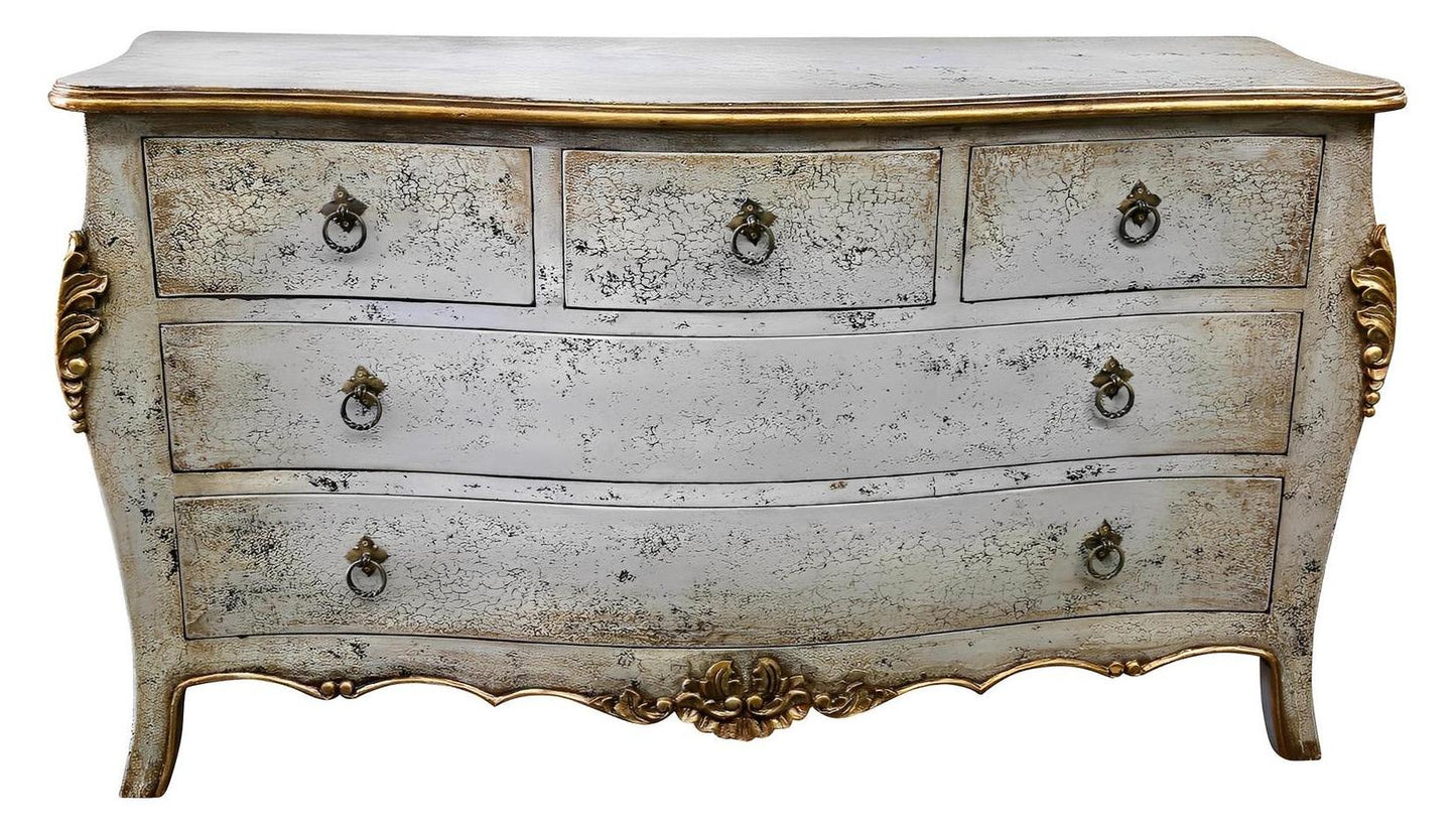 Lavaur Dresser, Distressed White With Gold Accents, Ornate Floral Detailing And Cabriole Legs