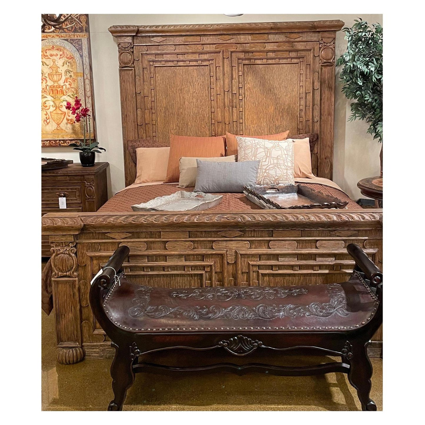 CASTELLAN BED 84" Tall | Carved Natural Wood Traditional Finish | Bed Only | Includes Delivery and Assembly