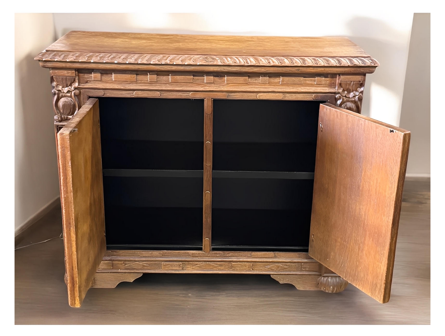Castellan Chest, Antique Brown, Hand Crafted Geometric Panel Details With Rosette Hardware