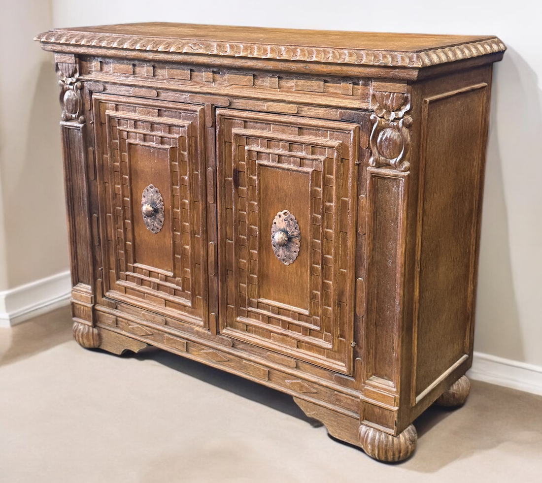 Lectoure Chest, Antique Brown, Hand Crafted Geometric Panel Details With Rosette Hardware