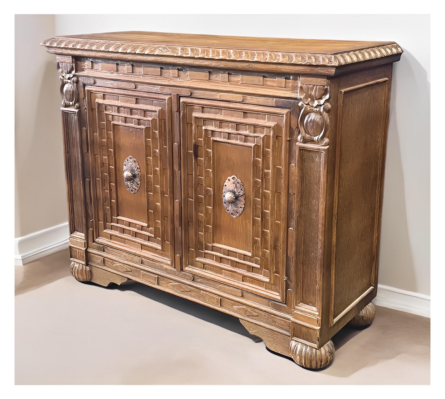 Castellan Chest, Antique Brown, Hand Crafted Geometric Panel Details With Rosette Hardware