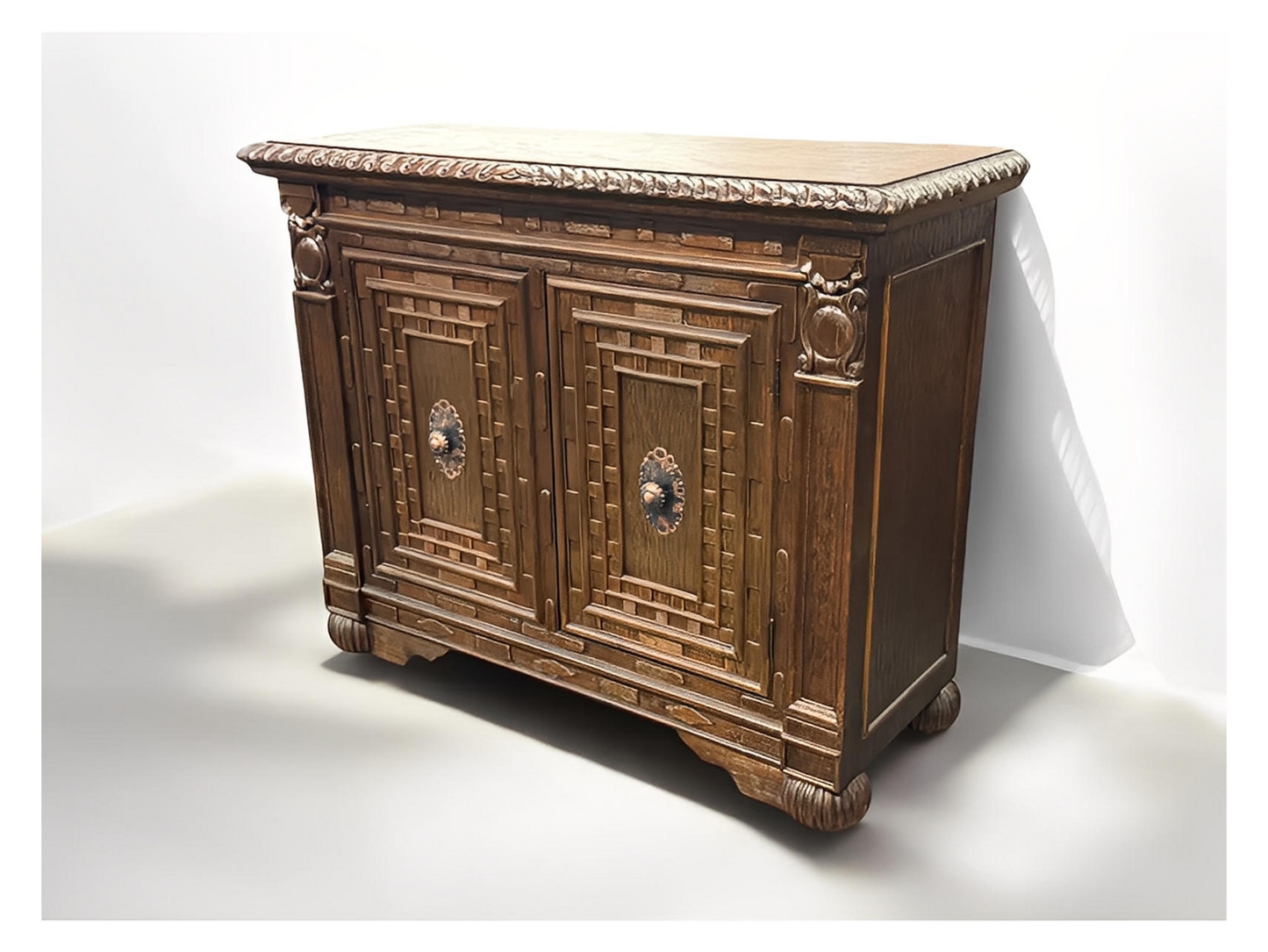 Castellan Chest, Antique Brown, Hand Crafted Geometric Panel Details With Rosette Hardware
